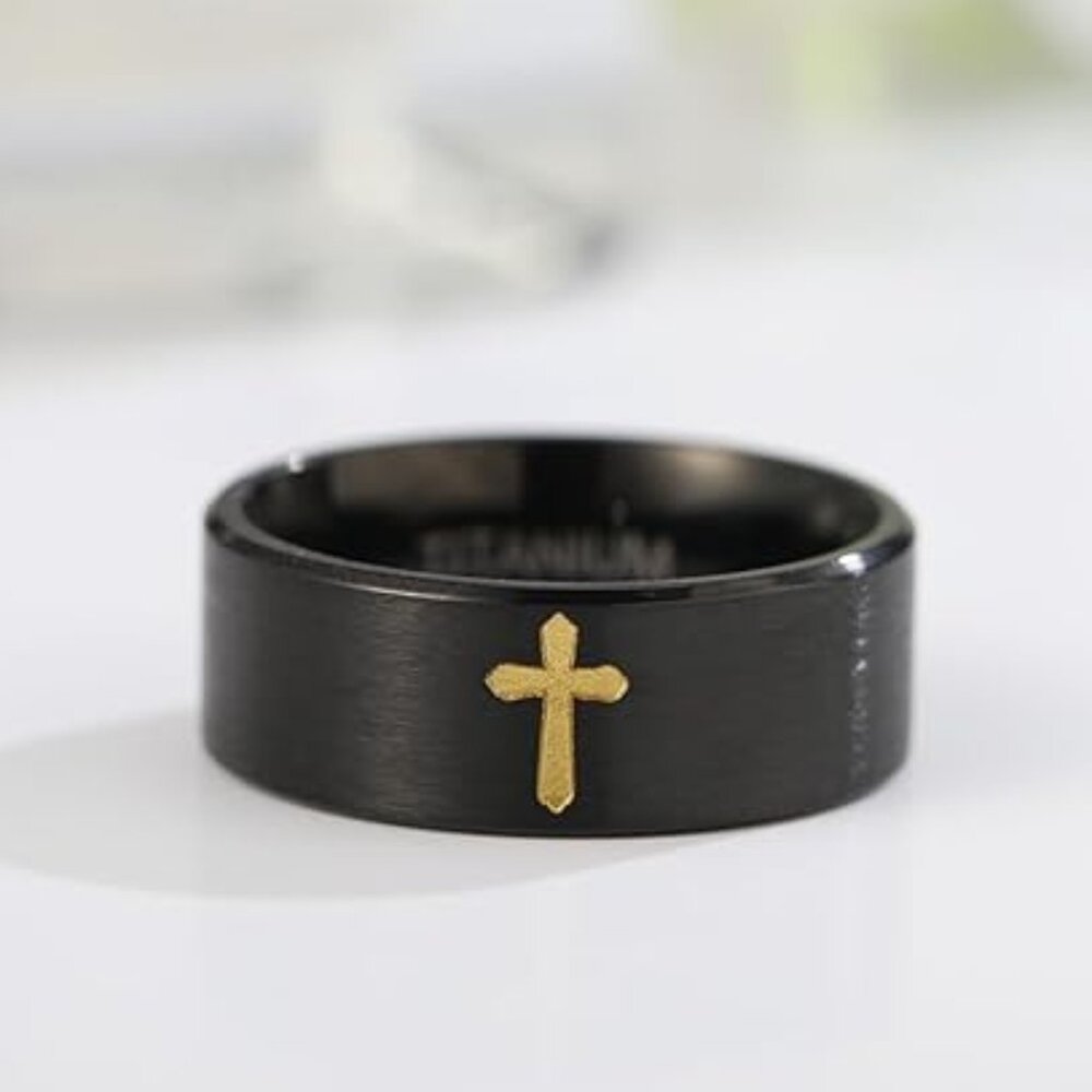 Pure Titanium Cross Ring for Men, Christian 8MM Black